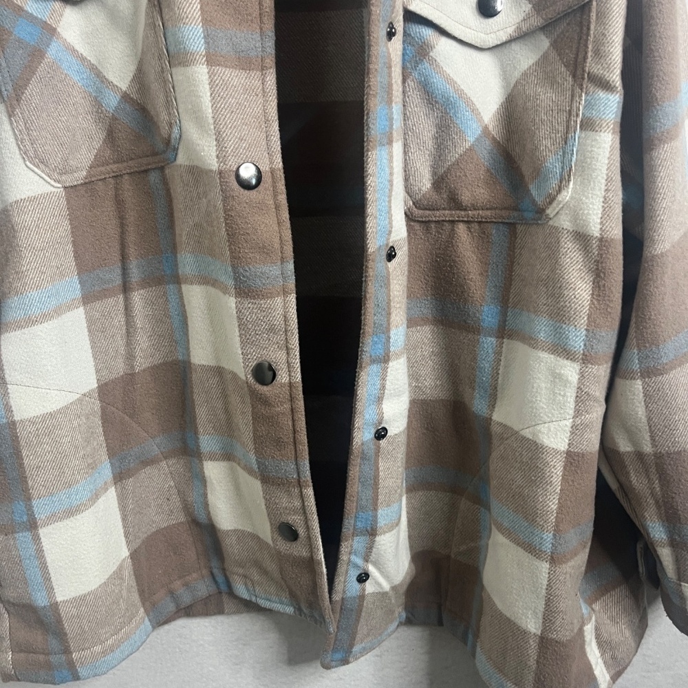 HFX Plaid Snap Button Shacket Jacket Beige Blue Medium - Picture 4 of 6